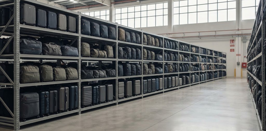 Warehouse racking aisle with luggage in rows