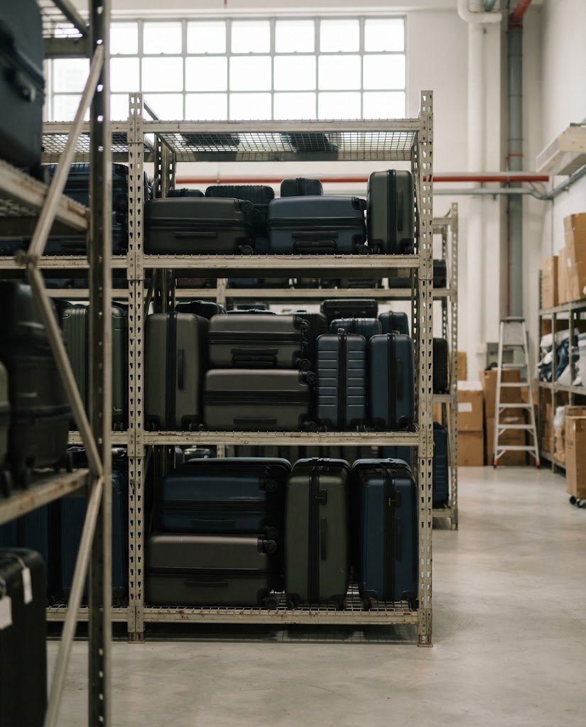 Hardshell spinner cases stacked in a Singapore warehouse